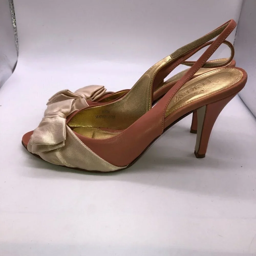 J Crew Womens Size 7 Pink Leather Bow Slip On Peep Toe Slingback Heels Shoes